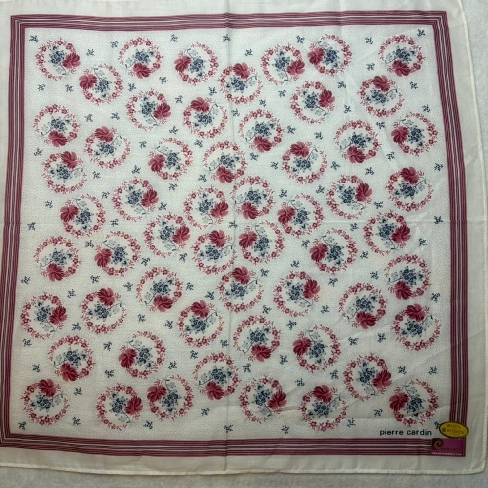 Vtg PIERRE CARDIN Scarf Handkerchief Floral Grape Cotton White Pink 18x18